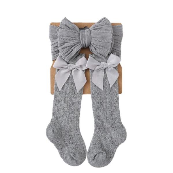 Cozy Cable-Knit Bow Headband & Knee-High Sock Set Grey