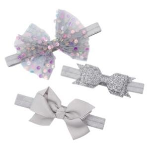 Baby Girls' Silver Gray Sequin & Glitter Bow Headband Set (3-Piece)